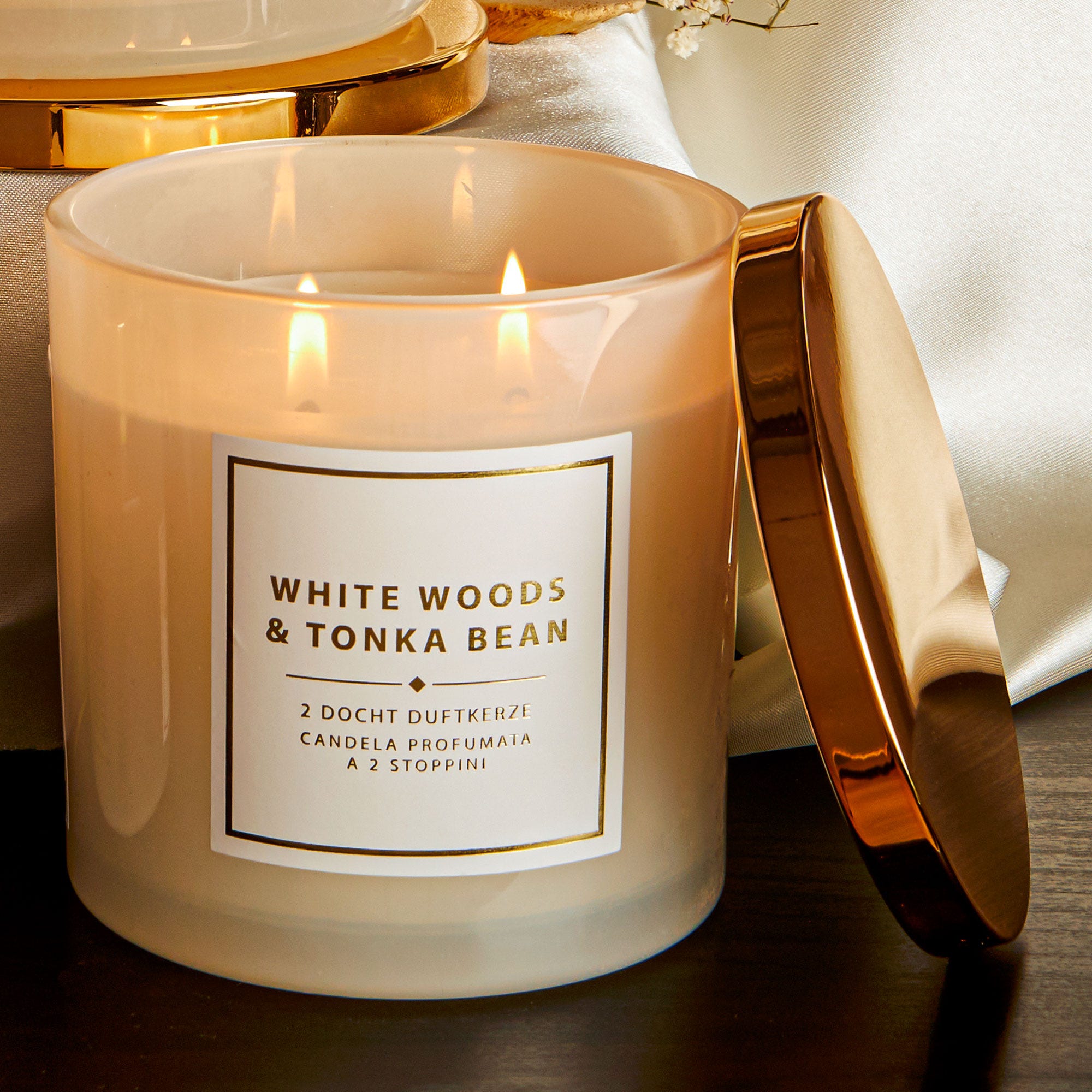2-Docht-Duftkerze im Glas, White Woods & Tonka Bean, ca. 10x10cm