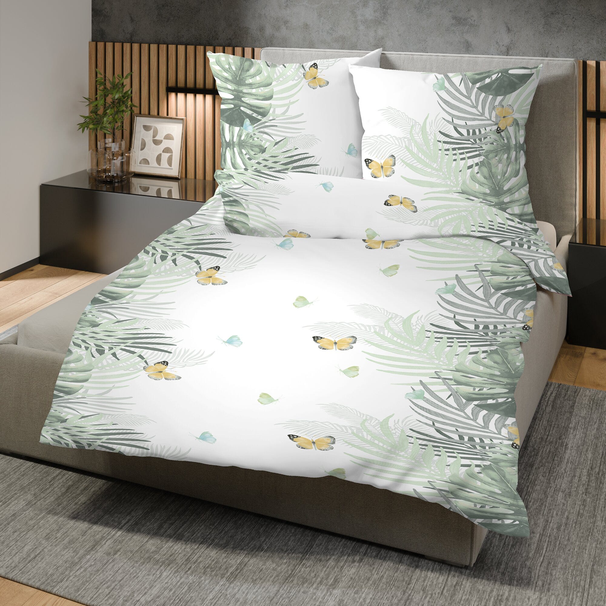 Bettwäsche aus Mikrofaser mit Blättern und Blumen bedruckt