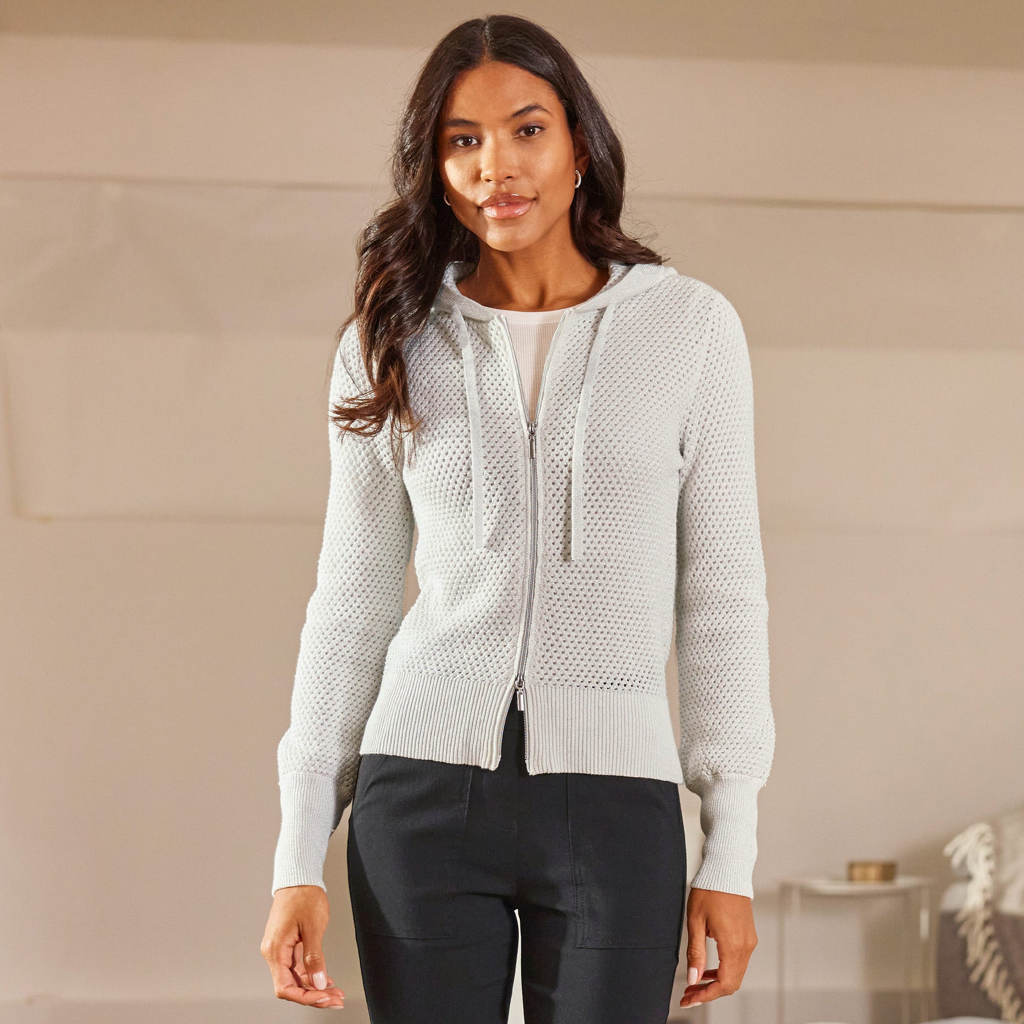 Damen-Ajour-Strickjacke mit Kapuze